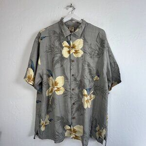 Tommy Bahama Mens Hawaiian Floral Silk Shirt Gray/Yellow Size XL Short Sleeve